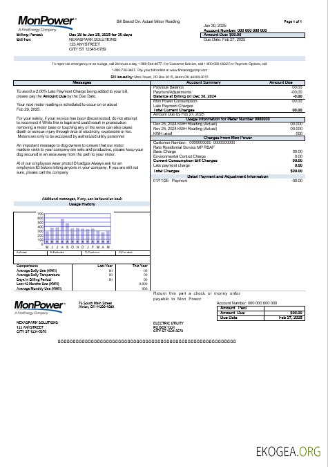 Modèle de facture de services publics USA Mon Power aux formats Word et PDF